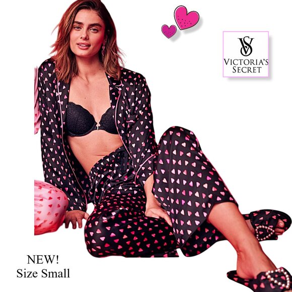 NEW Victoria's Secret Satin Long Pajama Set Black Pink Hearts PJs Sleep Small - Picture 1 of 14